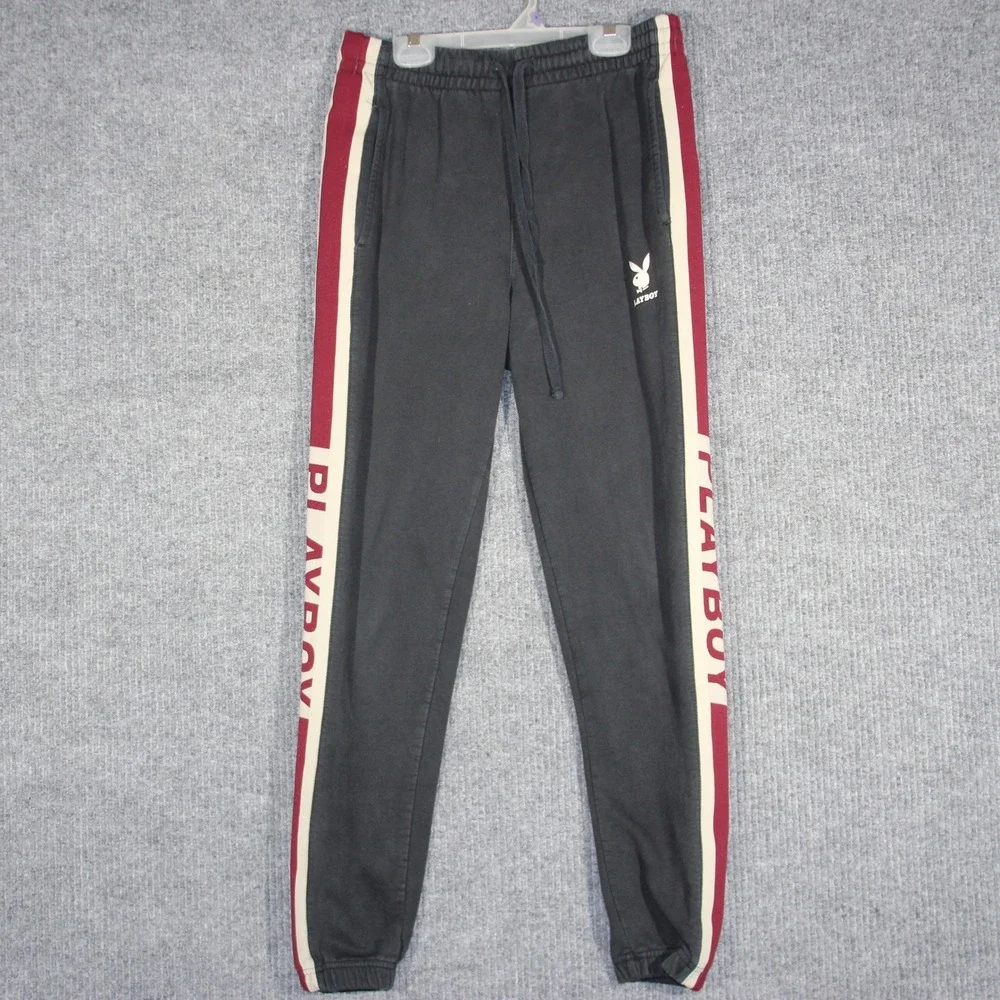 Playboy Sweatpants Mens Small Black Preppy Rare‎ Striped Pockets Rabbit